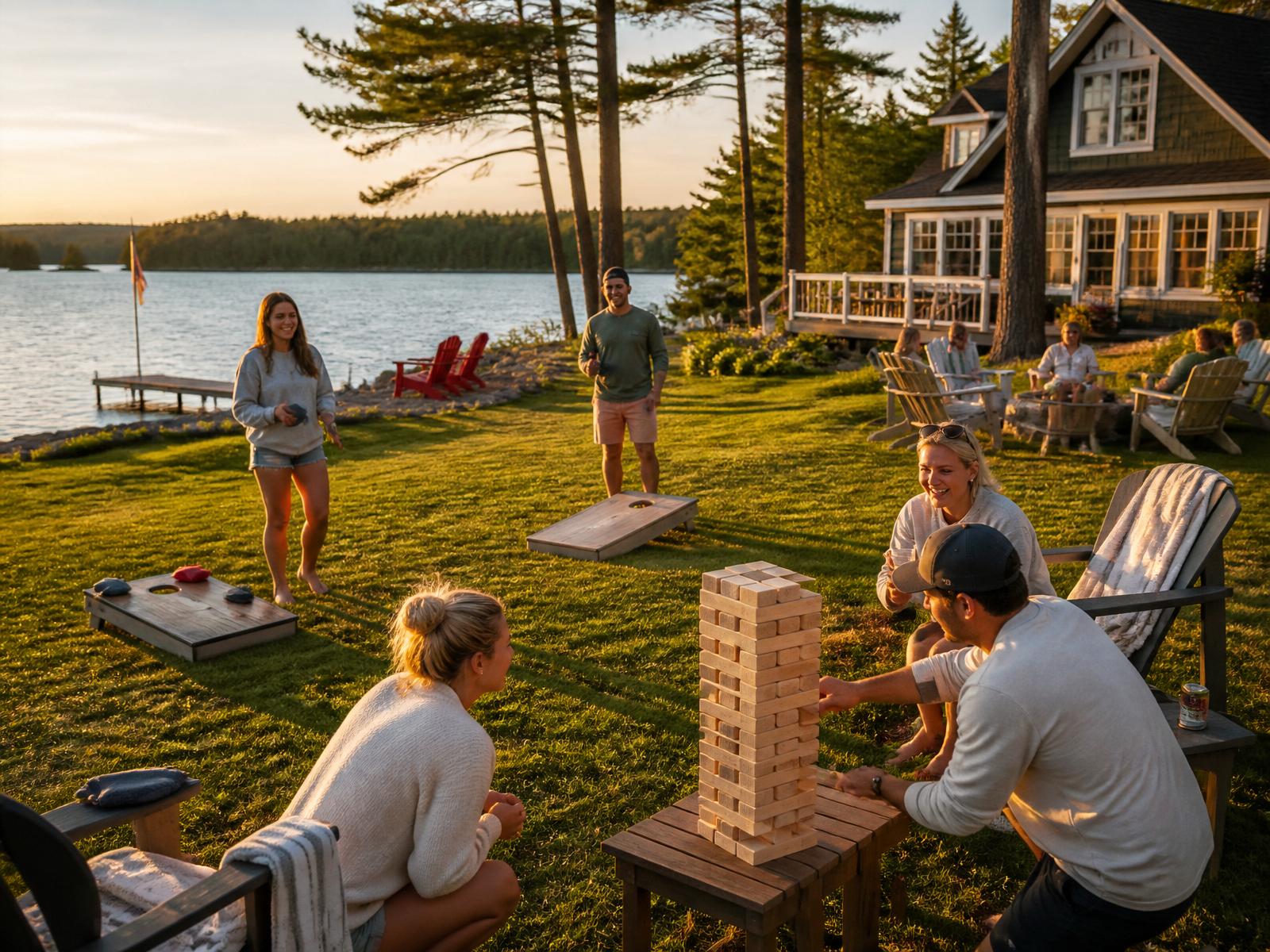 Friends playing cornhole and Giant Jenga at a Muskoka lakeside cottage at golden hour